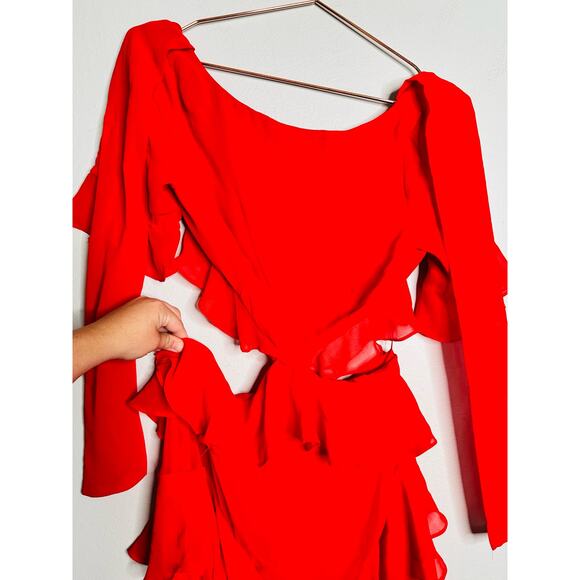 FAME & PARTNERS Red Chiffon Ruffle A-Line Mid-Cut Out Marse Gown Dress Size 2 - Picture 10 of 16